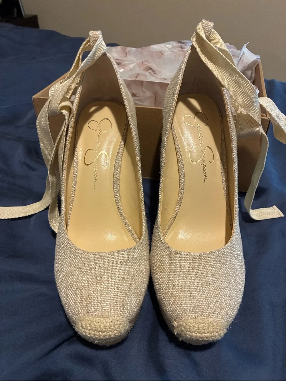 Jessica Simpson Wedge Espadrille Platform Heels with Ankle Tie in Beige